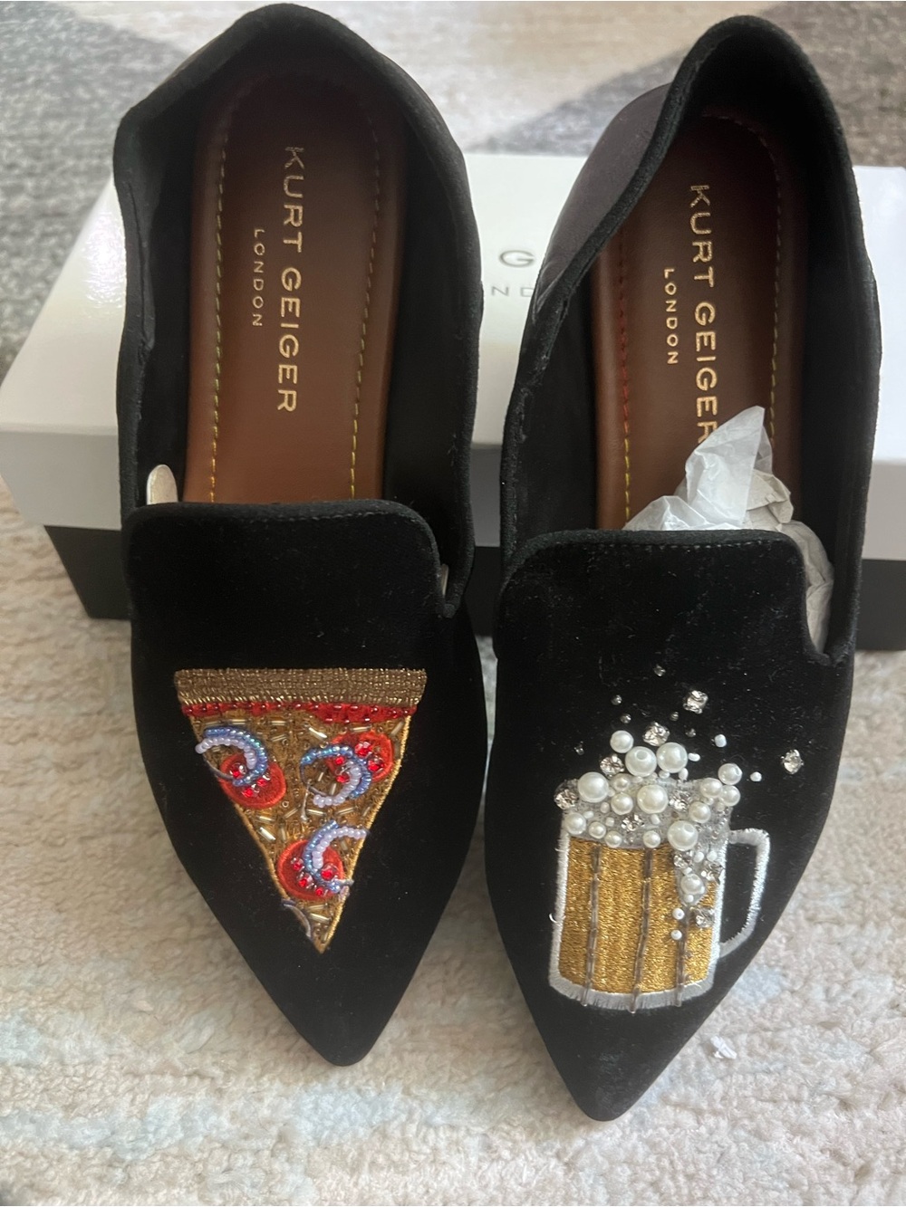 Kurt Geiger Black Velvet Pointed Loafers with Pizza and Beer Appliqués - Picture 2 of 9